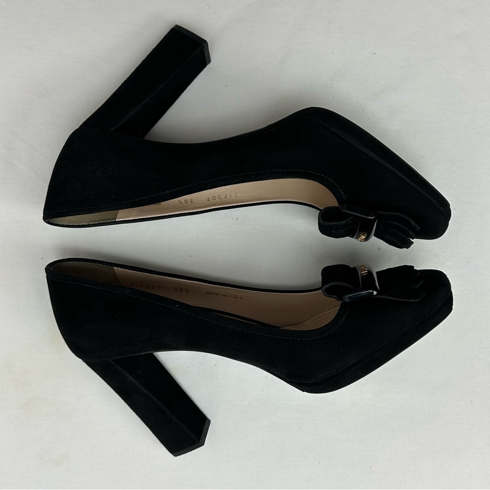 Prada Logo Black Suede Square Toe Block Heels Pumps size 38.5 - Picture 6 of 9
